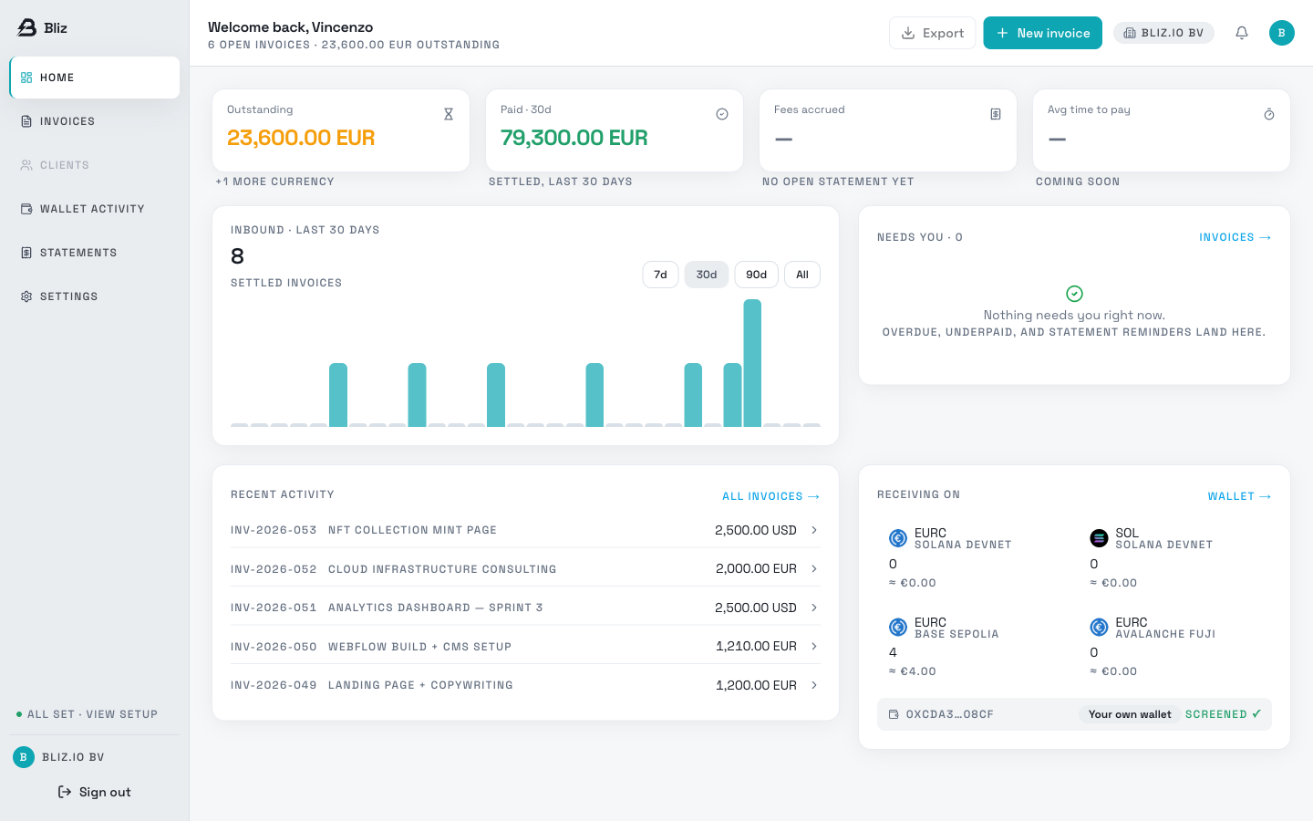 Bliz dashboard - invoices, settlement, fee accrual, and reconciliation for an agency