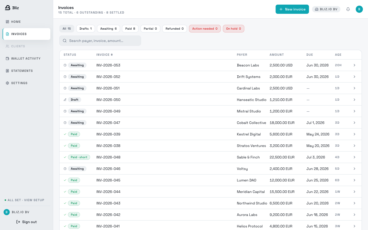 Bliz invoices - a list of client invoices with paid, awaiting, and underpaid status across stablecoins