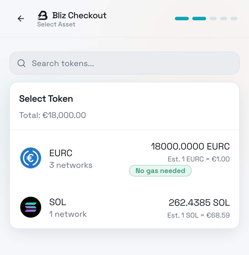 Bliz pay-link - the client picks a stablecoin to pay with, EURC across three networks with no gas needed, against a clear euro total