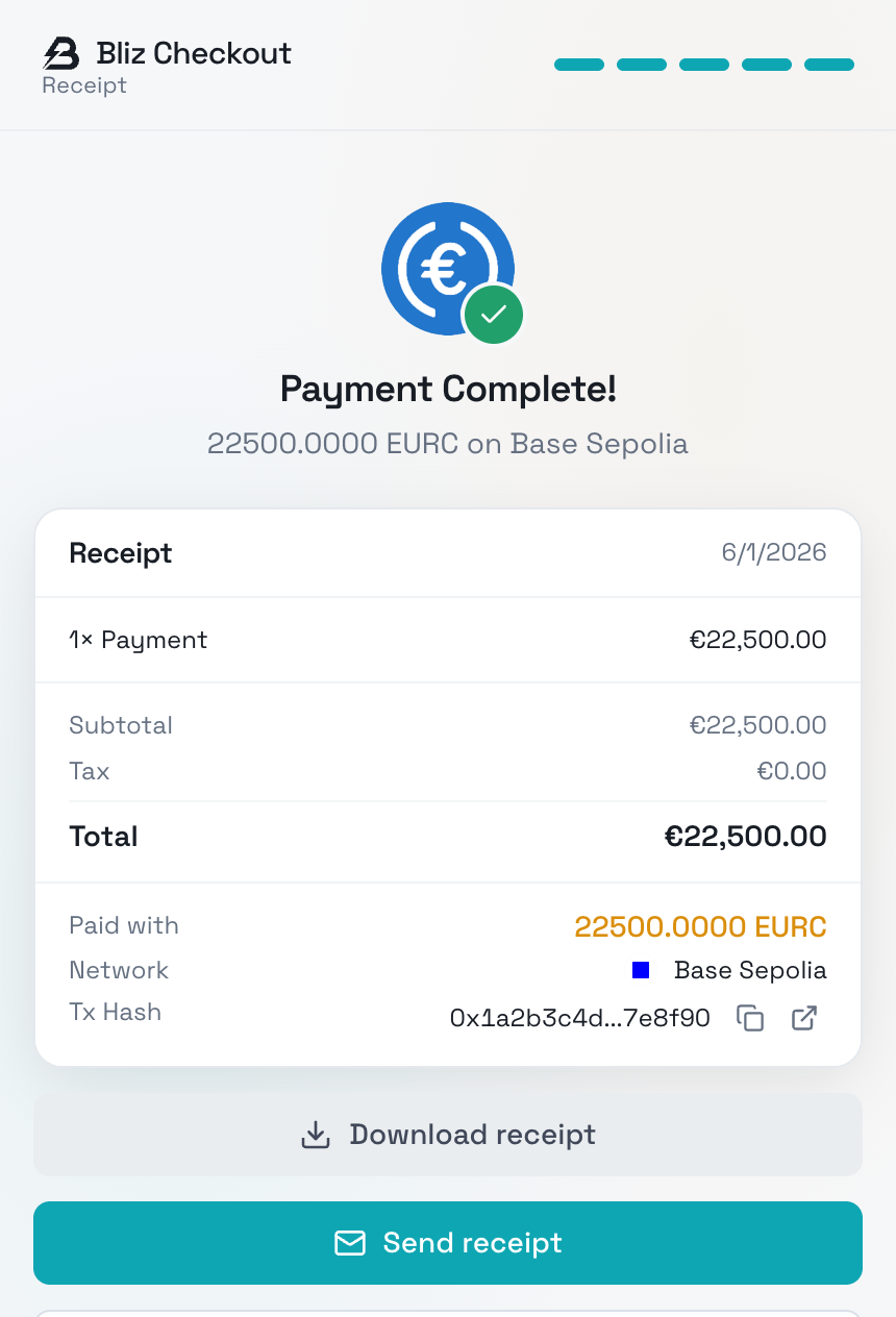 Bliz receipt - on-chain verified payment with transaction hash and download options