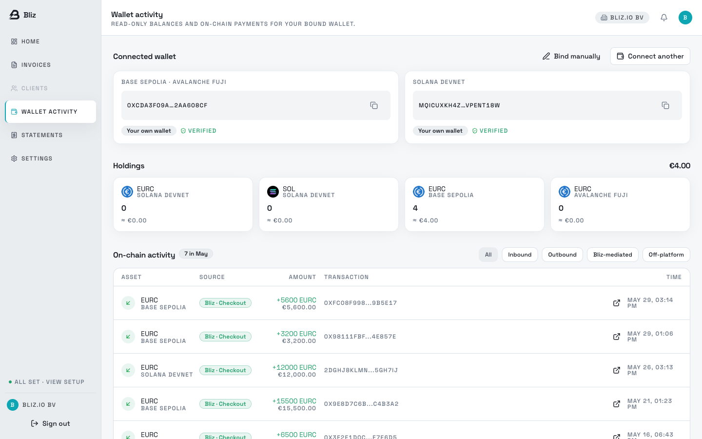 Bliz wallet - non-custodial settlement balances and on-chain payments across stablecoins and chains